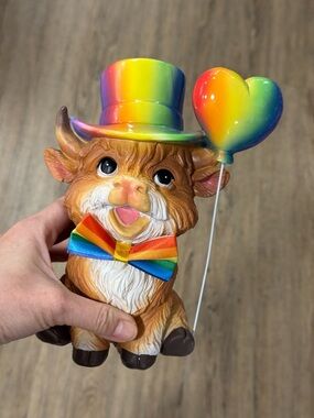 Rainbow Cow Figurine with Heart Balloon - Colorful Party Decor